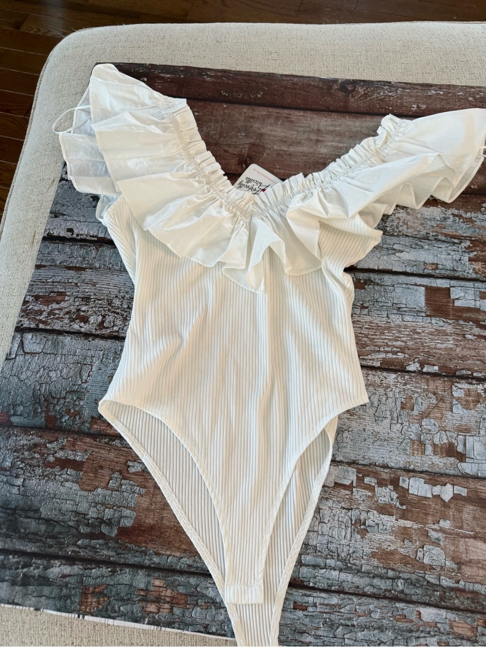 Ruffled Off-Shoulder White Ribbed Bodysuit BNWT